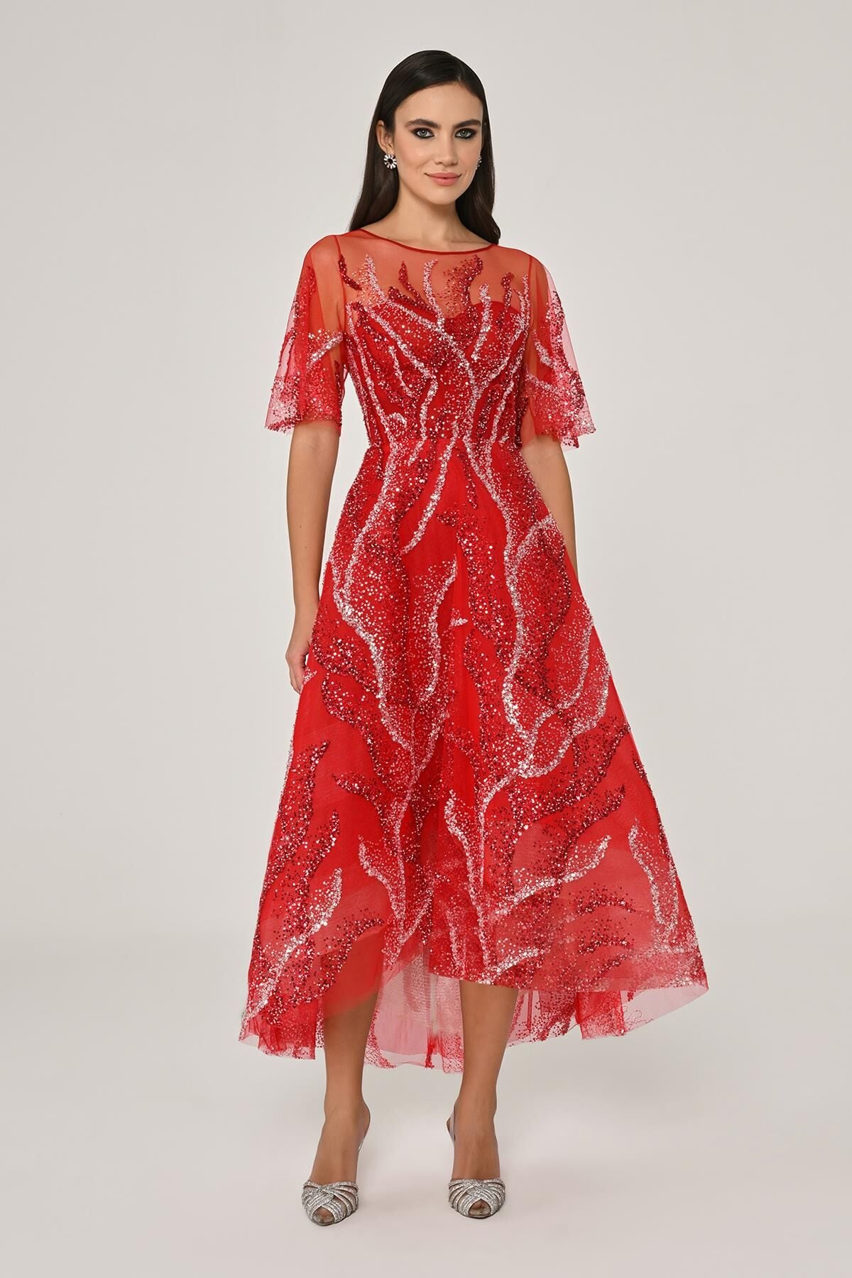 Kısa Kollu Parlak Tül Midi Elbise