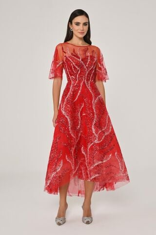 Kısa Kollu Parlak Tül Midi Elbise