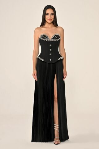 Straplez Taşlı Üst Krep Eteği Saten Pileli Uzun Elbise Siyah - 42