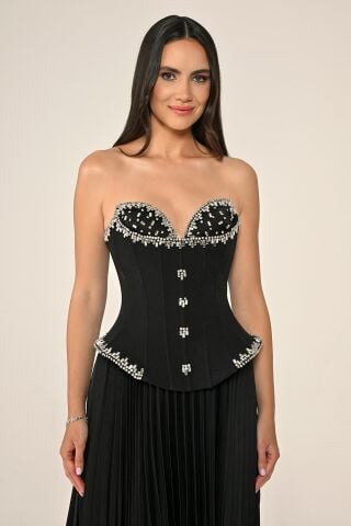 Straplez Taşlı Üst Krep Eteği Saten Pileli Uzun Elbise Siyah - 42