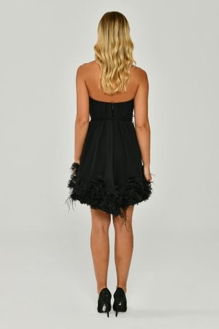 Straplez Eteği Tüylü Şifon Kısa Elbise Siyah - 38
