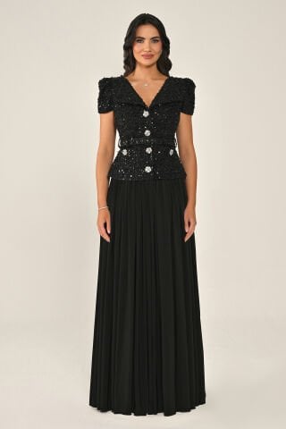 Tüvit Payet Ceketli Taşlı Düğmeli Eteği Şifon Uzun Elbise