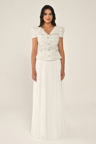 Tüvit Payet Ceketli Taşlı Düğmeli Eteği Şifon Uzun Elbise