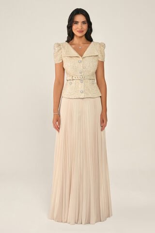 Tüvit Payet Ceketli Taşlı Düğmeli Eteği Şifon Uzun Elbise