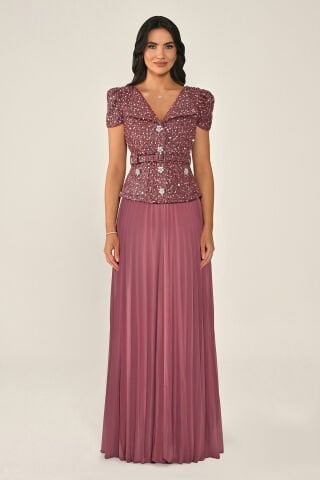 Tüvit Payet Ceketli Taşlı Düğmeli Eteği Şifon Uzun Elbise