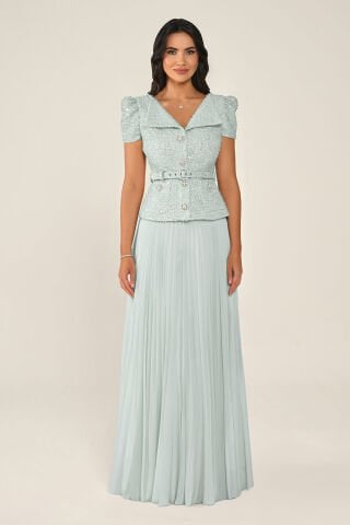 Tüvit Payet Ceketli Taşlı Düğmeli Eteği Şifon Uzun Elbise