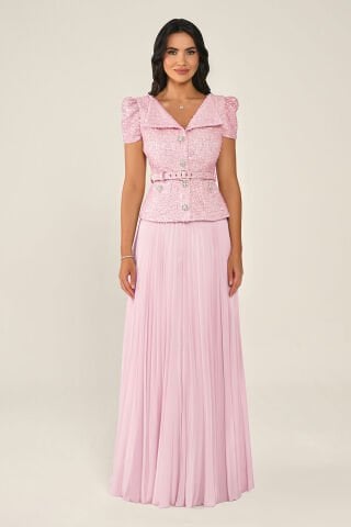 Tüvit Payet Ceketli Taşlı Düğmeli Eteği Şifon Uzun Elbise