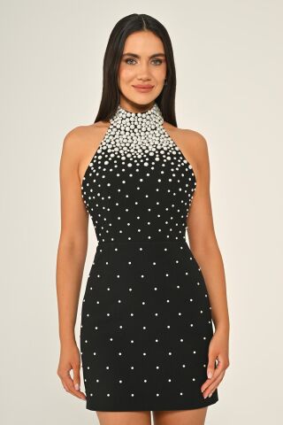 Halter Yaka Boncuklu Krep Kısa Elbise Siyah - 40