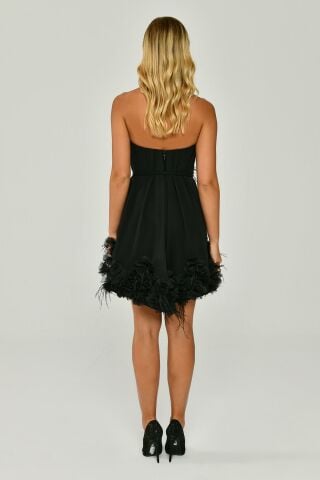 Straplez Eteği Tüylü Şifon Kısa Elbise Siyah - 40