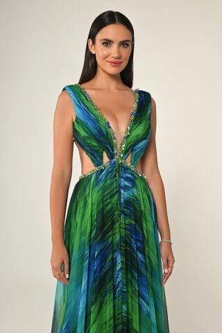 Derin V Yaka Sırt ve Bel Dekolteli Şifon Uzun Elbise