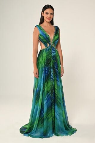 Derin V Yaka Sırt ve Bel Dekolteli Şifon Uzun Elbise