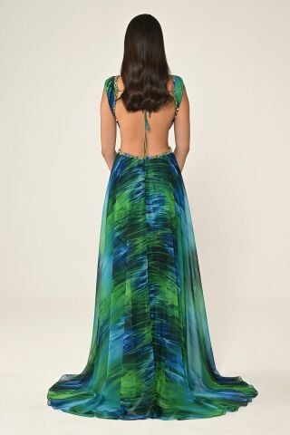 Derin V Yaka Sırt ve Bel Dekolteli Şifon Uzun Elbise