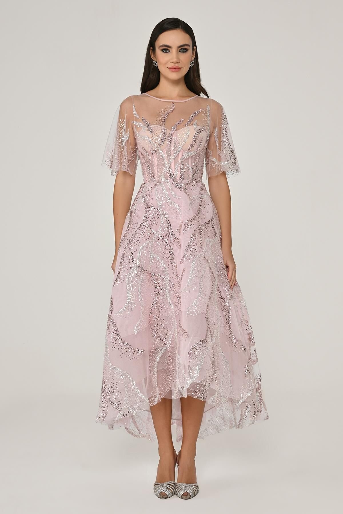 Kısa Kollu Parlak Tül Midi Elbise Pembe - 40