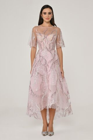 Kısa Kollu Parlak Tül Midi Elbise Pembe - 40