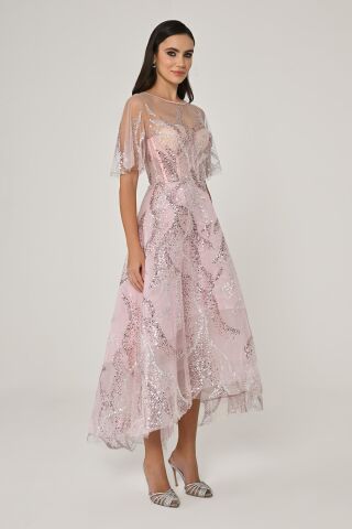 Kısa Kollu Parlak Tül Midi Elbise Pembe - 40