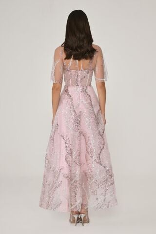 Kısa Kollu Parlak Tül Midi Elbise Pembe - 40