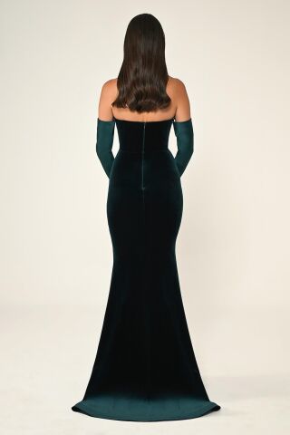 Straplez Kollu Balık Kesim Kadife Uzun Elbise ZÜMRÜT - 44