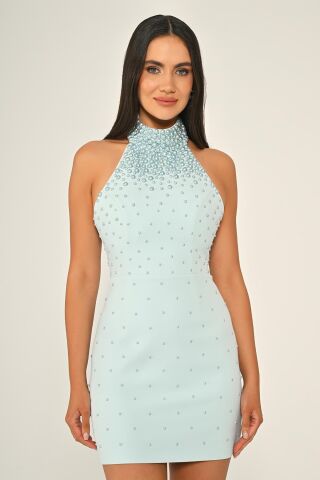 Halter Yaka Boncuklu Krep Kısa Elbise AÇIK MAVİ - 40