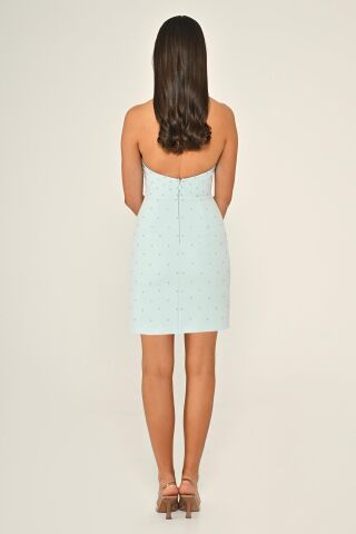 Halter Yaka Boncuklu Krep Kısa Elbise AÇIK MAVİ - 40