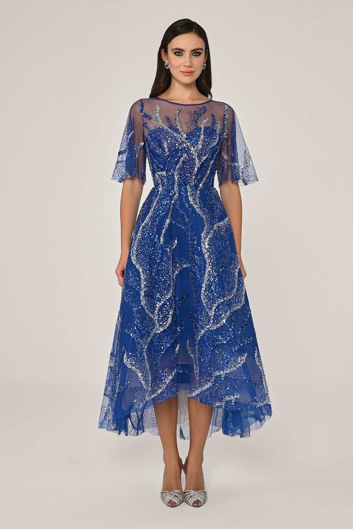 Kısa Kollu Parlak Tül Midi Elbise SAKS - 40