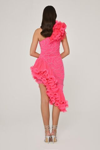One Shoulder Asymmetrical Cut Chiffon Midi Dress with Floral Accessories Pink - 38