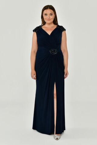Kolsuz V Yaka Yırtmaçlı Uzun Elbise Lacivert - 42