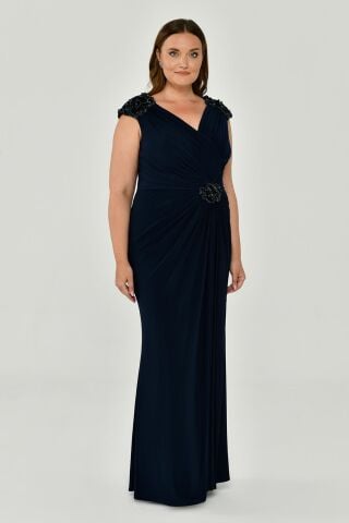 Kolsuz V Yaka Yırtmaçlı Uzun Elbise Lacivert - 42