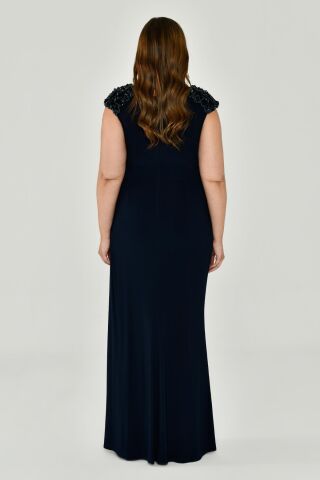 Kolsuz V Yaka Yırtmaçlı Uzun Elbise Lacivert - 44