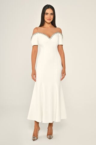 Yakası Taşlı Düşük Kol Krep Midi Elbise