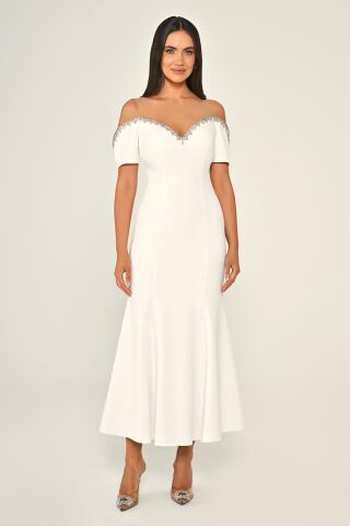 Yakası Taşlı Düşük Kol Krep Midi Elbise Beyaz - 38