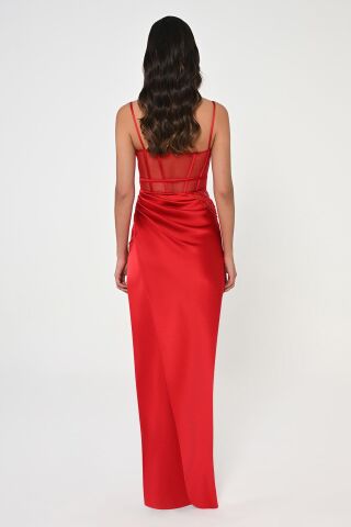 İp Askılı Korse Bel Önden Yırtmaçlı Saten Uzun Elbise Kırmızı - 36