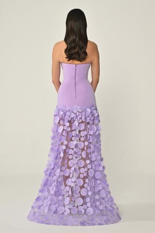 Straplez Üst Krep Eteği 3 Boyutlu Tül Uzun Elbise Lila - 46