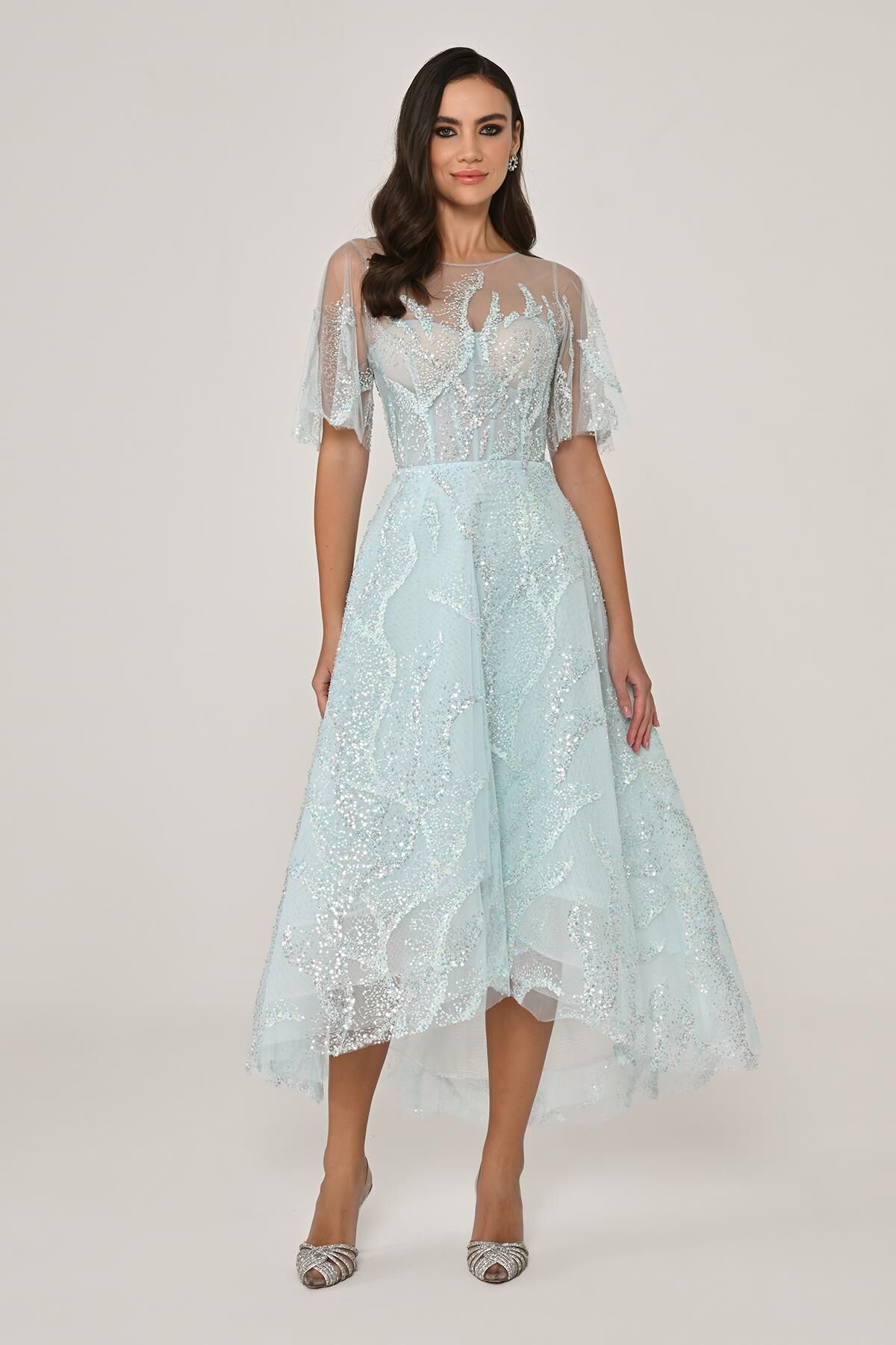 Short Sleeve Shiny Tulle Midi Dress LIGHT BLUE - 40