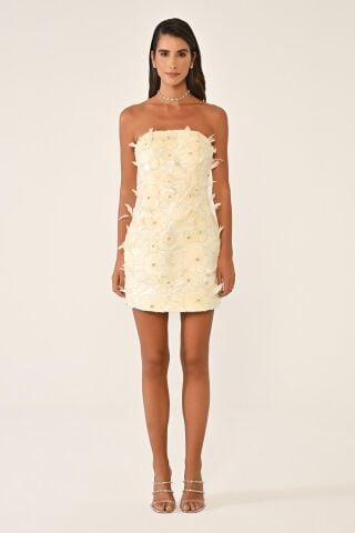 Straplez Tüylü Çiçek Aksesuarlı Krep Kısa Elbise