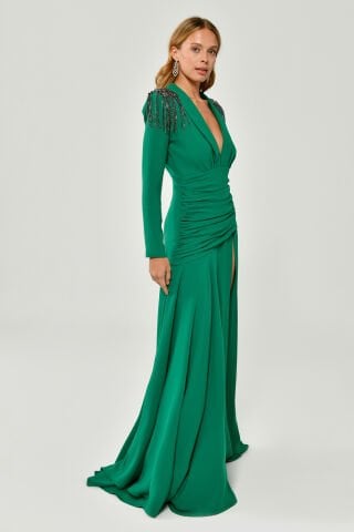 Langärmliges, tiefes V-Ausschnitt-Epauletten-Accessoire-Crêpe-langes Kleid
