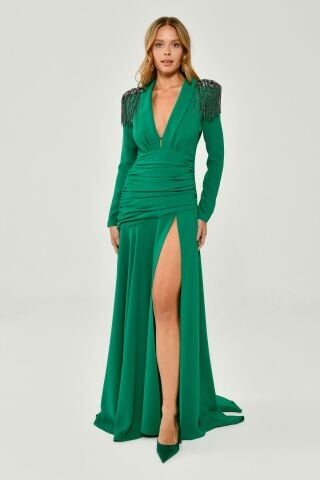 Long Sleeve Deep V Neck Epaulette Accessoried Crepe Long Dress