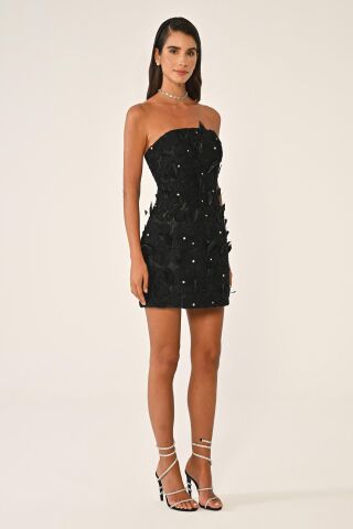 Straplez Tüylü Çiçek Aksesuarlı Krep Kısa Elbise Siyah - 38