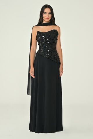 Straplez Üstü Pullu Payet Asimetrik Kesim Şallı Şifon Uzun Elbise