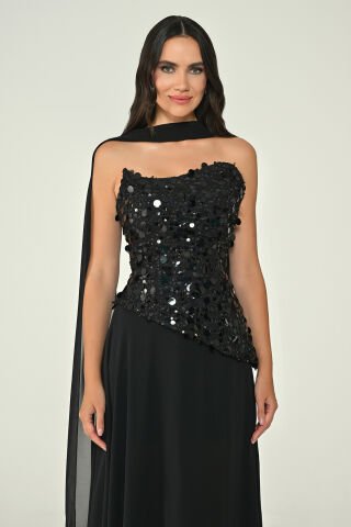 Straplez Üstü Pullu Payet Asimetrik Kesim Şallı Şifon Uzun Elbise