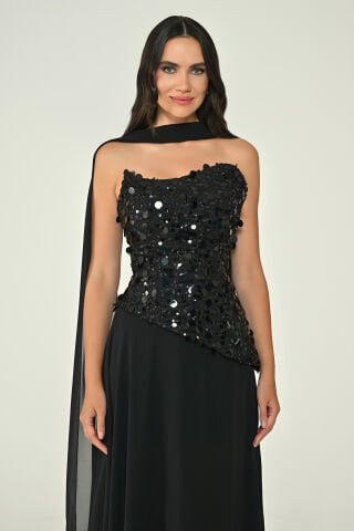 Straplez Üstü Pullu Payet Asimetrik Kesim Şallı Şifon Uzun Elbise