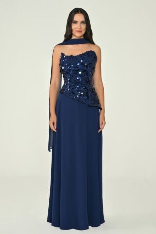 Straplez Üstü Pullu Payet Asimetrik Kesim Şallı Şifon Uzun Elbise