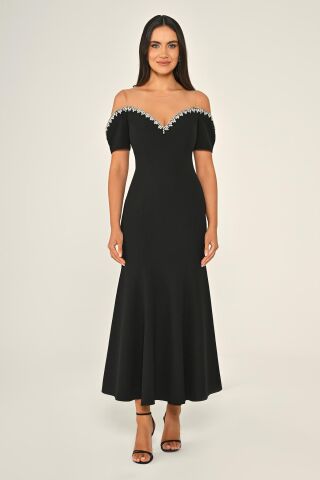 Yakası Taşlı Düşük Kol Krep Midi Elbise Siyah - 40