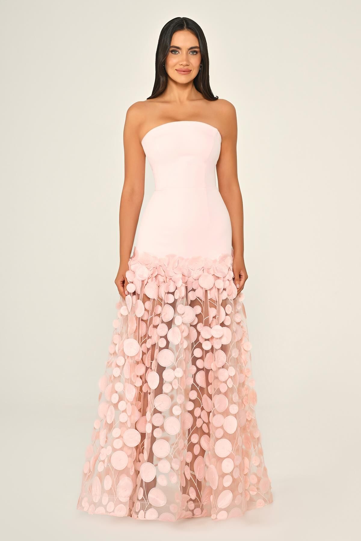 Straplez Üst Krep Eteği 3 Boyutlu Tül Uzun Elbise Pembe