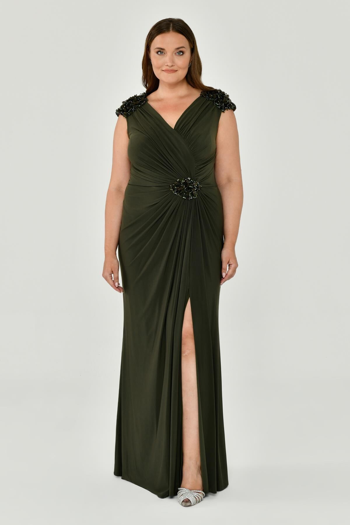 Kolsuz V Yaka Yırtmaçlı Uzun Elbise Nefti - 48