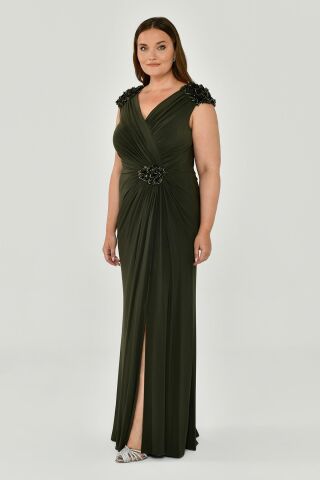 Kolsuz V Yaka Yırtmaçlı Uzun Elbise Nefti - 48