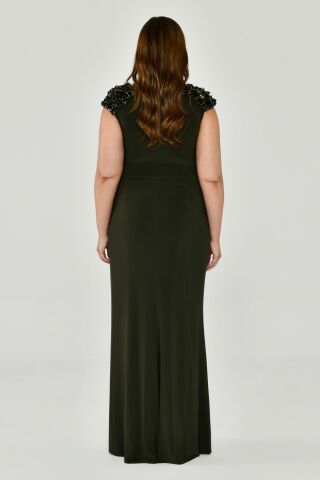 Kolsuz V Yaka Yırtmaçlı Uzun Elbise Nefti - 48