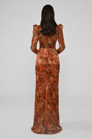 V Yaka Taşlı Tokalı Vatkalı Piliseli Kumaş Uzun Elbise TARÇIN DESEN - 44