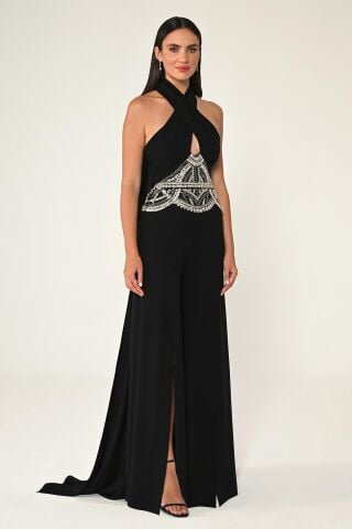 Boyundan Çapraz Bağlamalı Beli Taş Aksesuarlı Krep Uzun Tulum