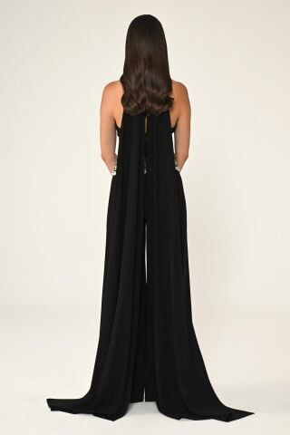 Boyundan Çapraz Bağlamalı Beli Taş Aksesuarlı Krep Uzun Tulum