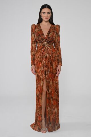 V Yaka Taşlı Tokalı Vatkalı Piliseli Kumaş Uzun Elbise TARÇIN DESEN - 46